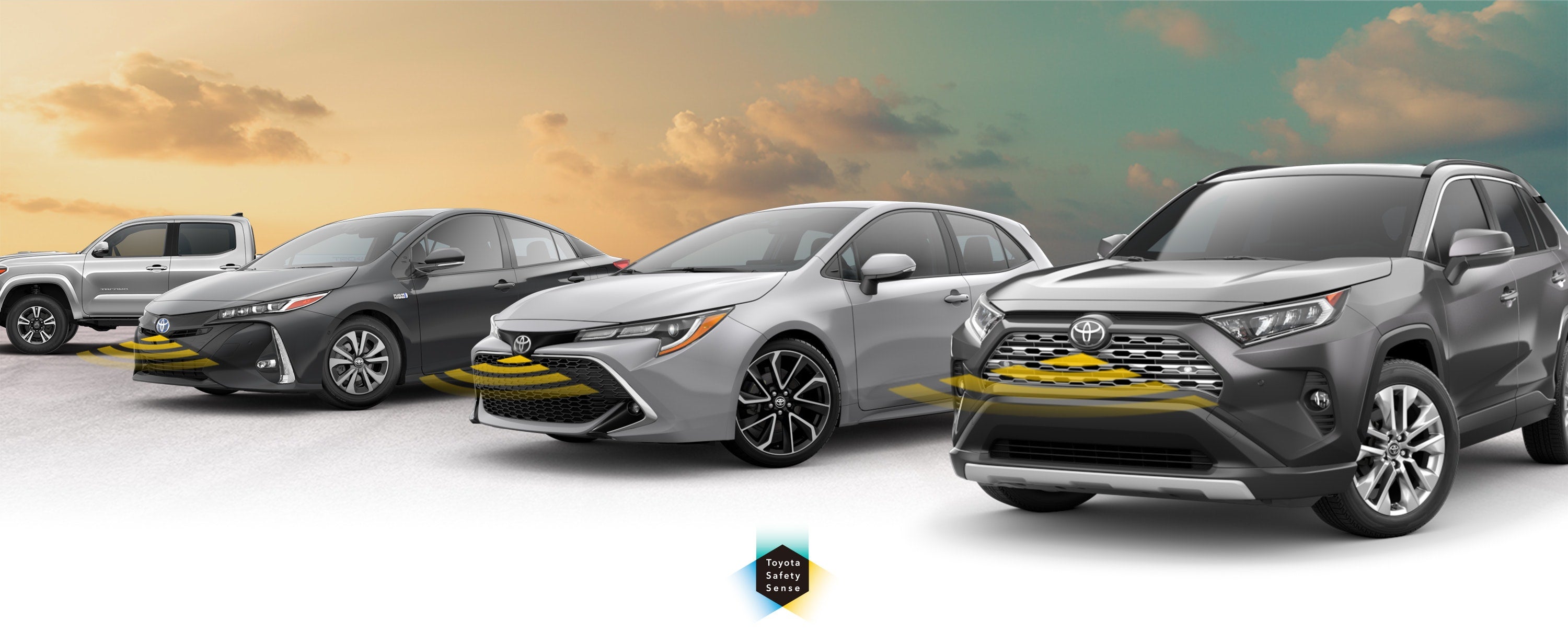 Toyota Safety Sense: Designed for Safety. Options shown on Toyota models including RAV4, Tacoma, and Camry, available now at Lone Star Toyota of Lewisville in Lewisville TX.