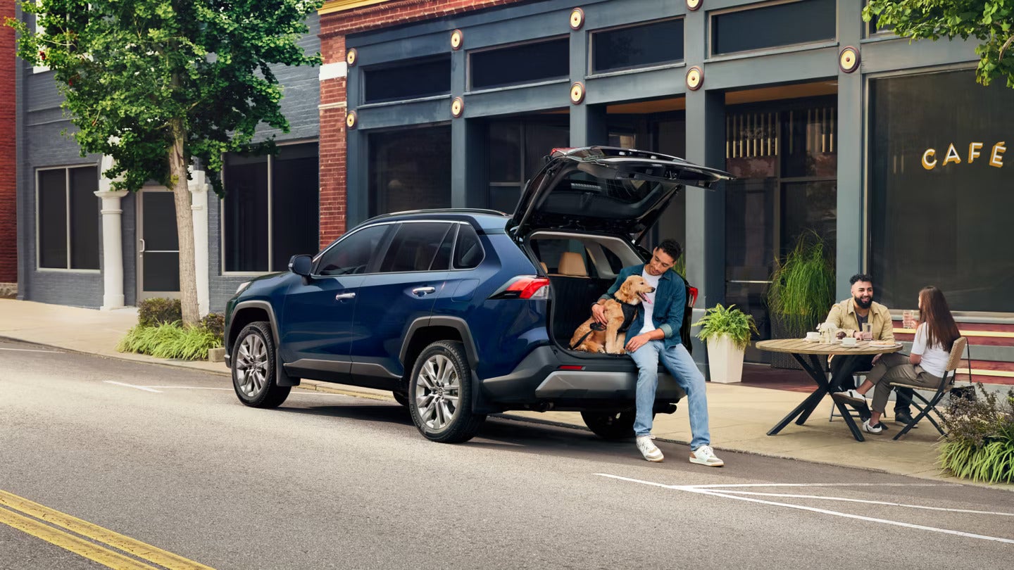 a dog and thei owner sitting on the open cargo space inside the blue 2025 toyota rav4 suv