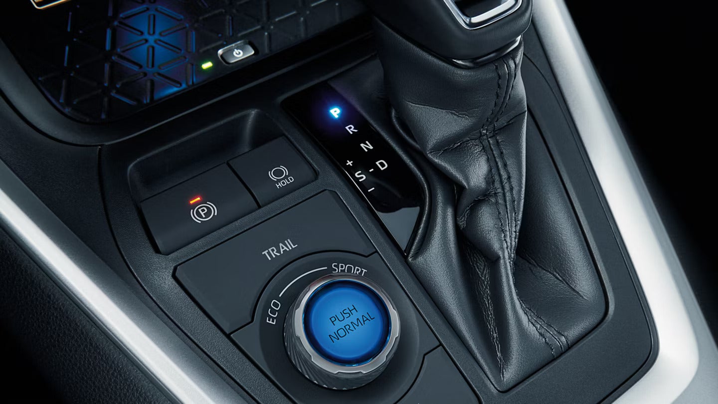 the drive modes and gear shifter of a 2025 toyota rav4 suv