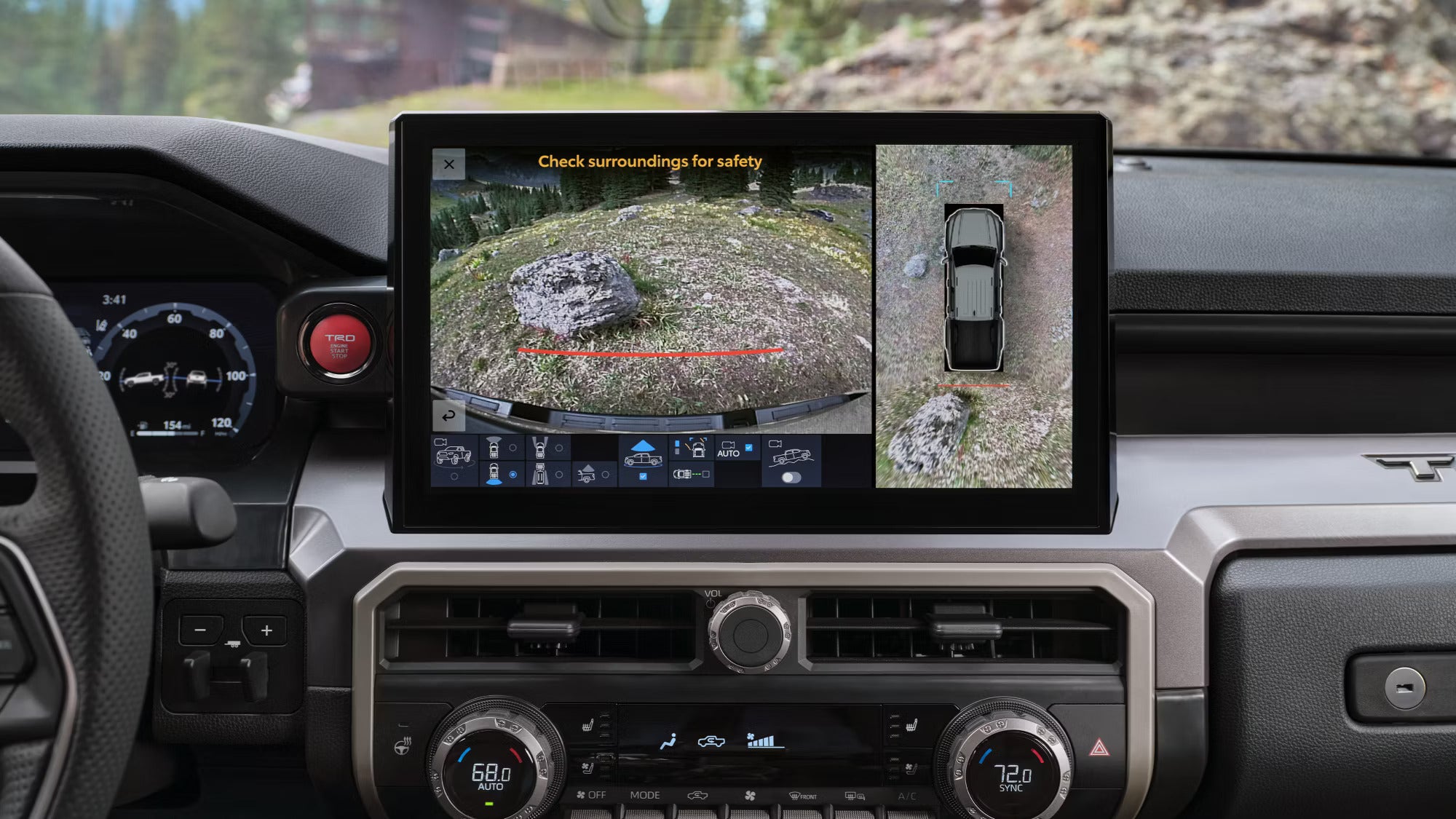 2025 Toyota Tacoma touchscreen displaying a 360-degree camera view for off-road navigation and safety.