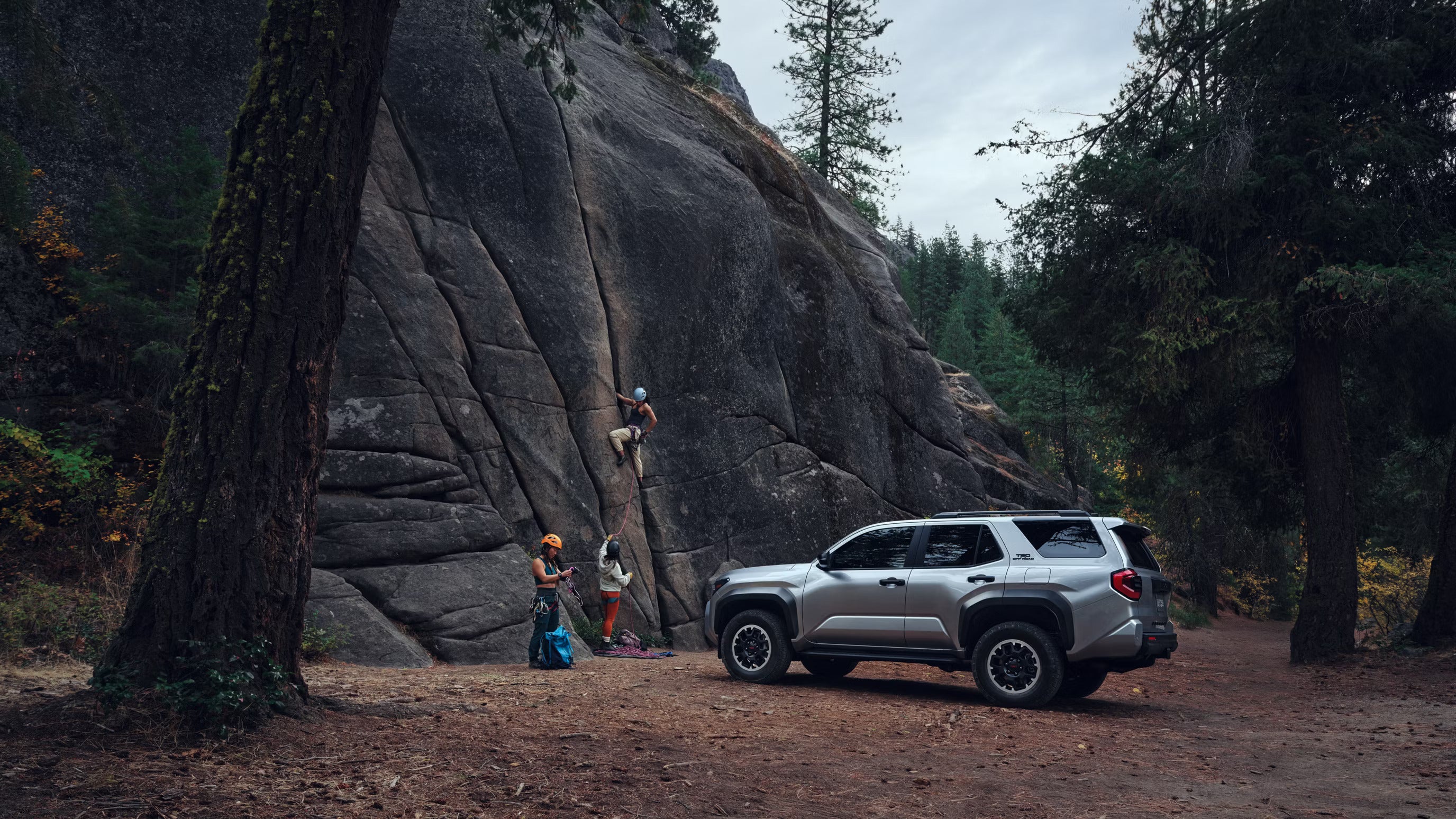 People rock climbing next to a silver suv.